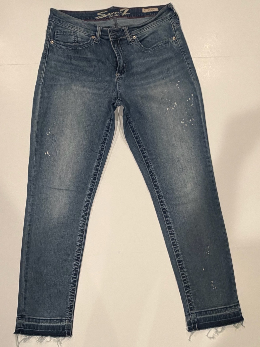 Seven7 Women’s Straight-Leg Jeans in Mid Wash Blue with Paint-Splatter - Size 10